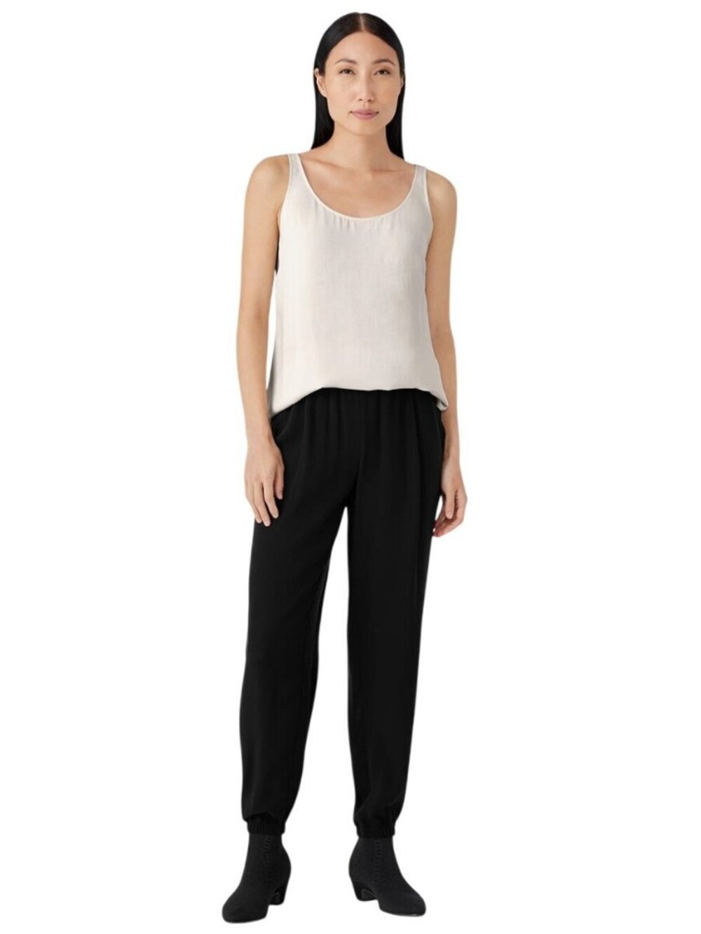 Eileen Fisher Silk Crepe Jogger Black Elastic Waist Tapered Pants XS Ankle Zip